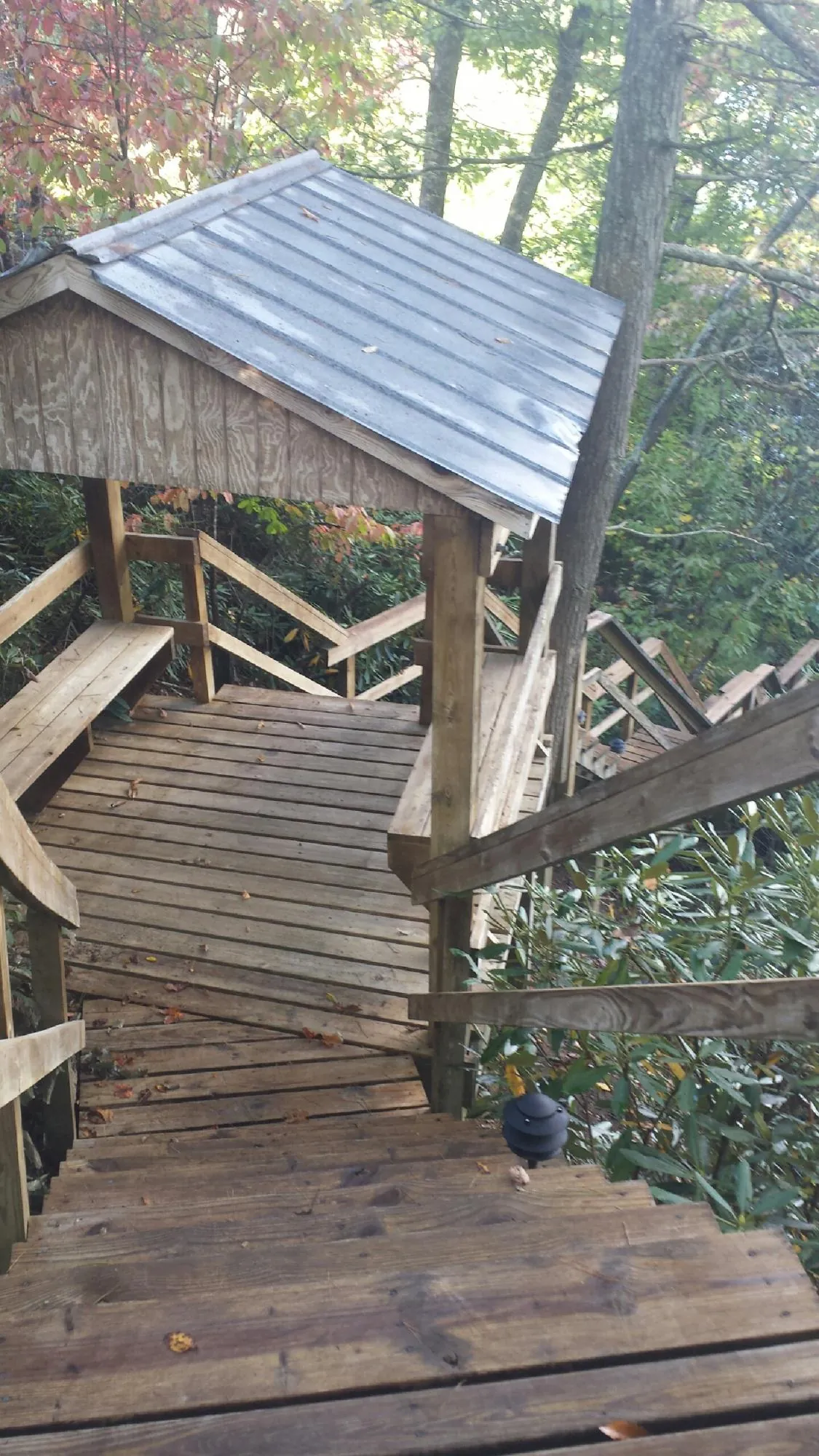 Metal roofed shelter over wooden steps on a wooded walkway — Skylight Repair & Installation work by our crew in Bent Mountain